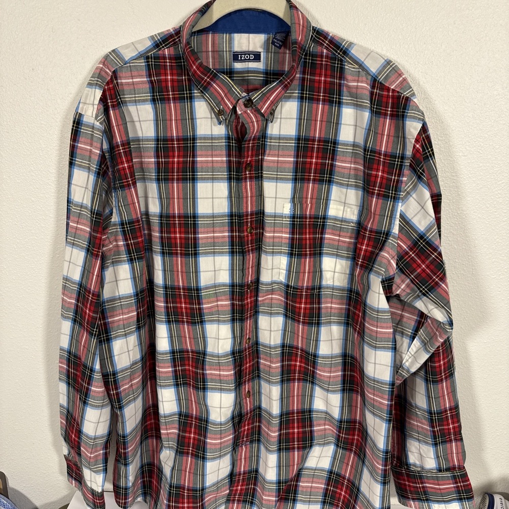 IZOD Men's Plaid Button Up Shirt Blue Red Relaxed 100% Cotton Size XXL Q1